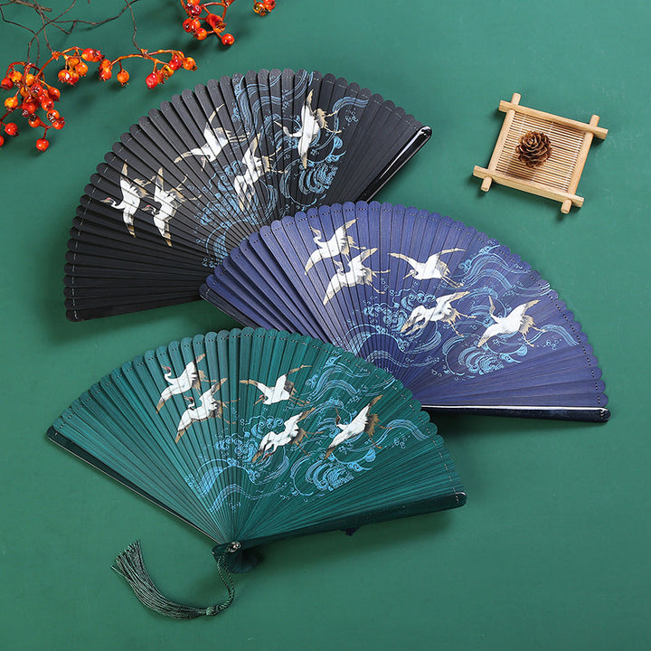 Buddha Stones Vintage Cloud Crane Maple Leaf Pattern Handheld Bamboo Folding Fan - image 0