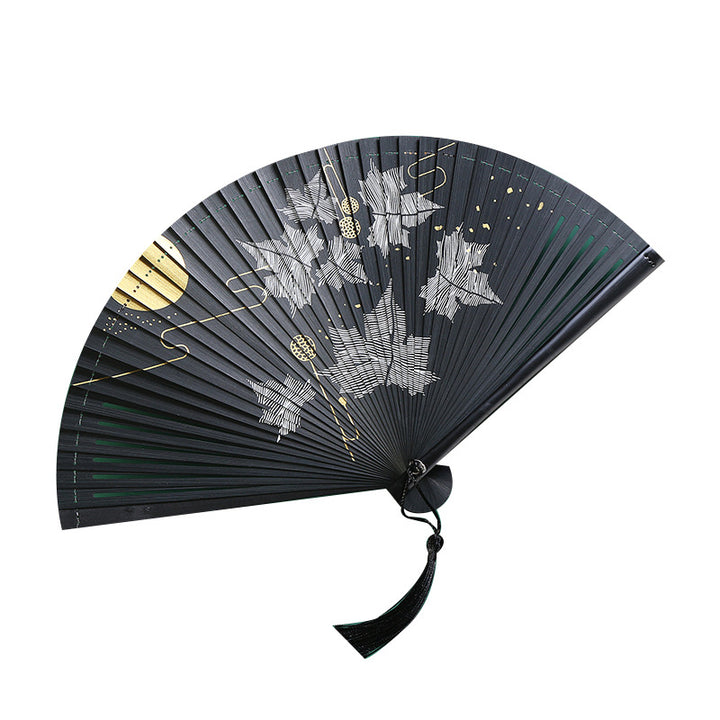 Buddha Stones Vintage Cloud Crane Maple Leaf Pattern Handheld Bamboo Folding Fan - image 6