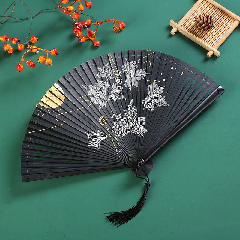 Buddha Stones Vintage Cloud Crane Maple Leaf Pattern Handheld Bamboo Folding Fan - Maple Leaf Black 18.5cm - image 4