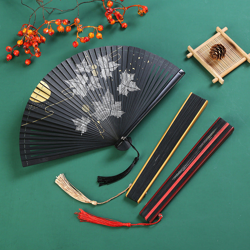 Buddha Stones Vintage Cloud Crane Maple Leaf Pattern Handheld Bamboo Folding Fan - image 5