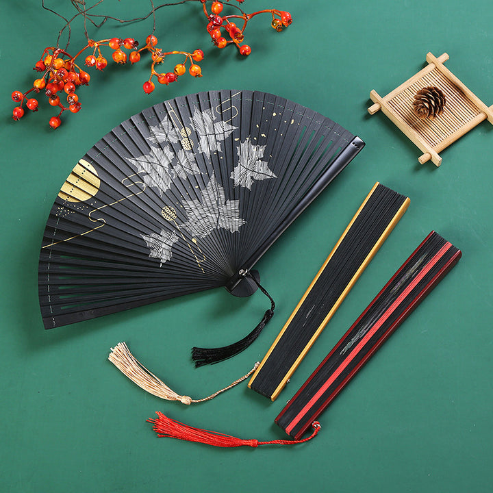Buddha Stones Vintage Cloud Crane Maple Leaf Pattern Handheld Bamboo Folding Fan - image 5