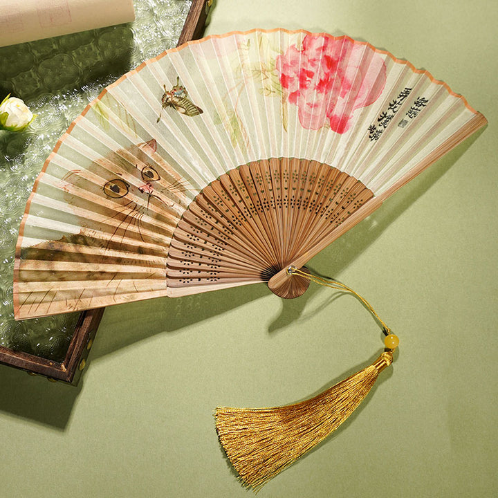 Buddha Stones Cute Cat Butterfly Flowers Pattern Handheld Silk Bamboo Folding Fan 21cm - Cat Butterfly Flowers Yellow 21cm - image 0