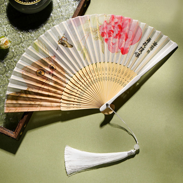 Buddha Stones Cute Cat Butterfly Flowers Pattern Handheld Silk Bamboo Folding Fan 21cm - Cat Butterfly Flowers White 21cm - image 8