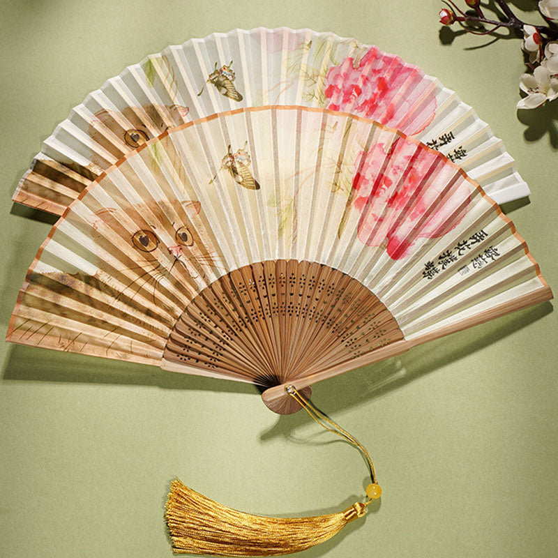 Buddha Stones Cute Cat Butterfly Flowers Pattern Handheld Silk Bamboo Folding Fan 21cm - image 1