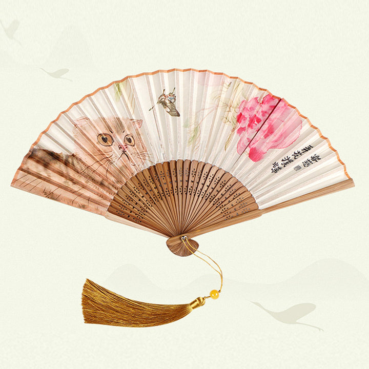 Buddha Stones Cute Cat Butterfly Flowers Pattern Handheld Silk Bamboo Folding Fan 21cm - image 7