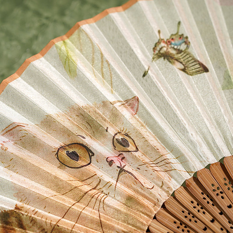 Buddha Stones Cute Cat Butterfly Flowers Pattern Handheld Silk Bamboo Folding Fan 21cm - image 3