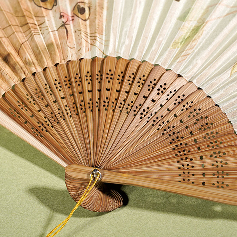 Buddha Stones Cute Cat Butterfly Flowers Pattern Handheld Silk Bamboo Folding Fan 21cm - image 4