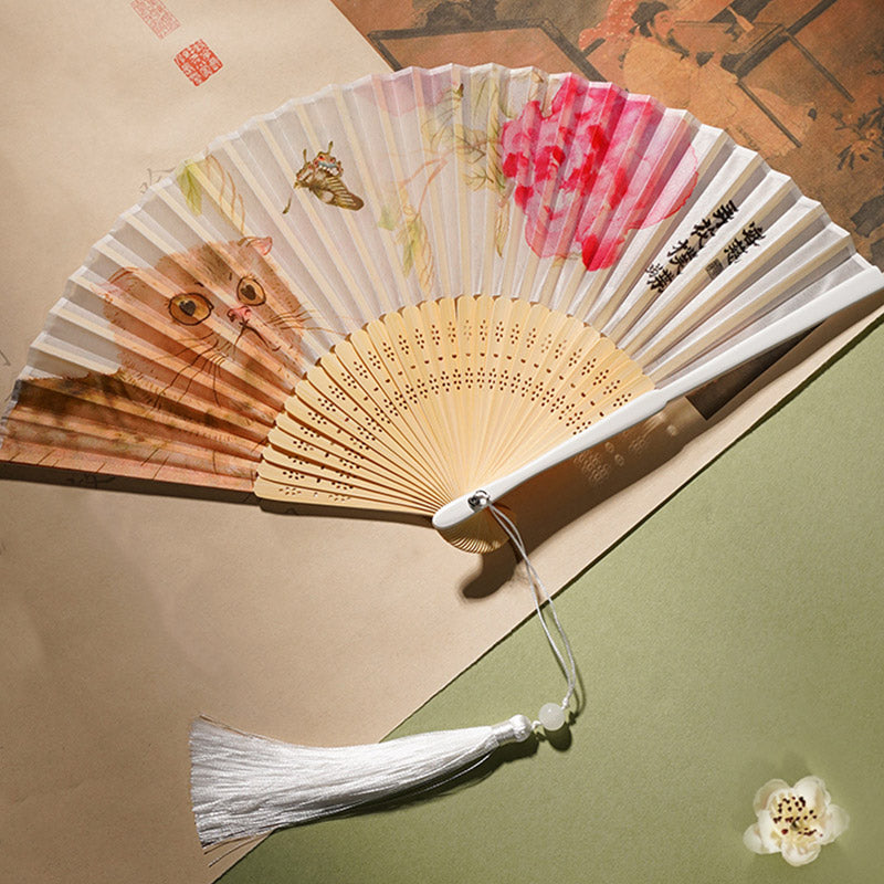 Buddha Stones Cute Cat Butterfly Flowers Pattern Handheld Silk Bamboo Folding Fan 21cm - image 9