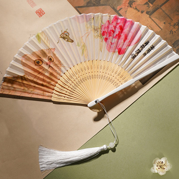 Buddha Stones Cute Cat Butterfly Flowers Pattern Handheld Silk Bamboo Folding Fan 21cm - image 9
