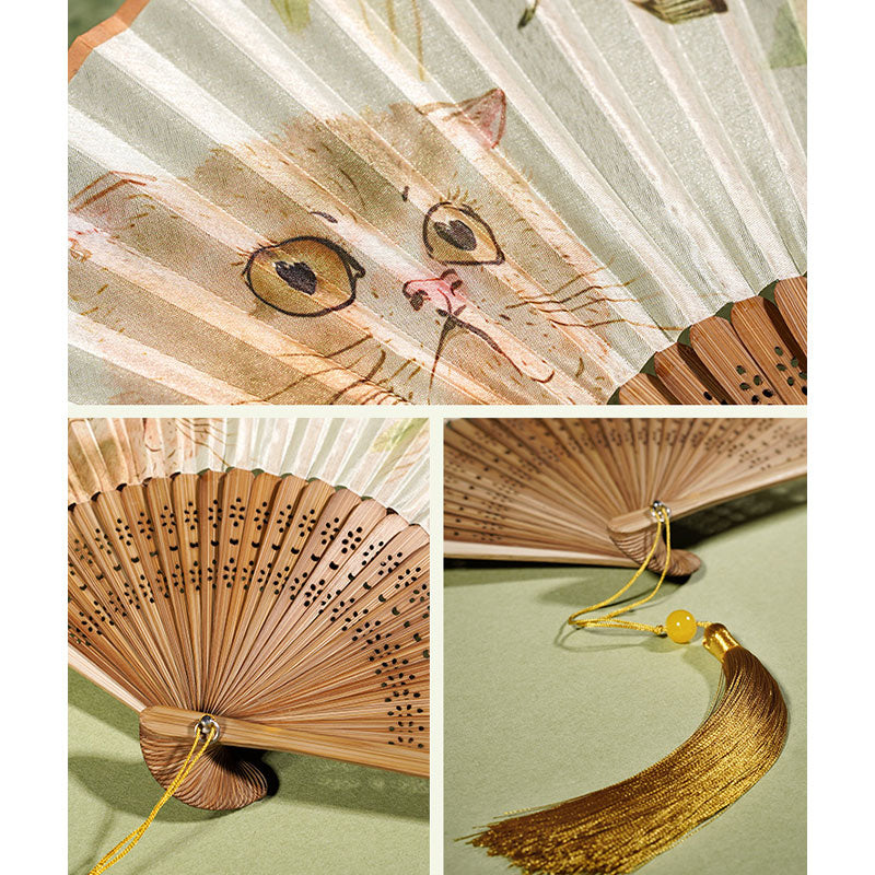 Buddha Stones Cute Cat Butterfly Flowers Pattern Handheld Silk Bamboo Folding Fan 21cm - image 6