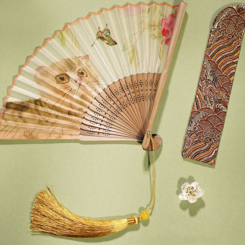 Buddha Stones Cute Cat Butterfly Flowers Pattern Handheld Silk Bamboo Folding Fan 21cm - image 2