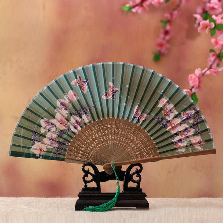 Buddha Stones Cherry Blossom Lily Butterfly Bamboo Handheld Bamboo Folding Fan 21cm - Green Large Butterfly 21cm - image 3
