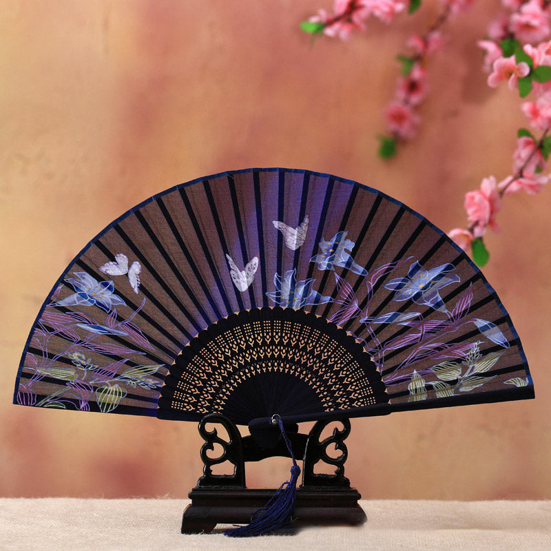 Buddha Stones Cherry Blossom Lily Butterfly Bamboo Handheld Bamboo Folding Fan 21cm - Blue Butterfly Lily 21cm - image 4