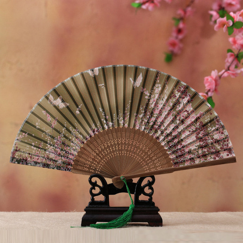Buddha Stones Cherry Blossom Lily Butterfly Bamboo Handheld Bamboo Folding Fan 21cm - Light Green Butterfly Cherry Blossom 21cm - image 5