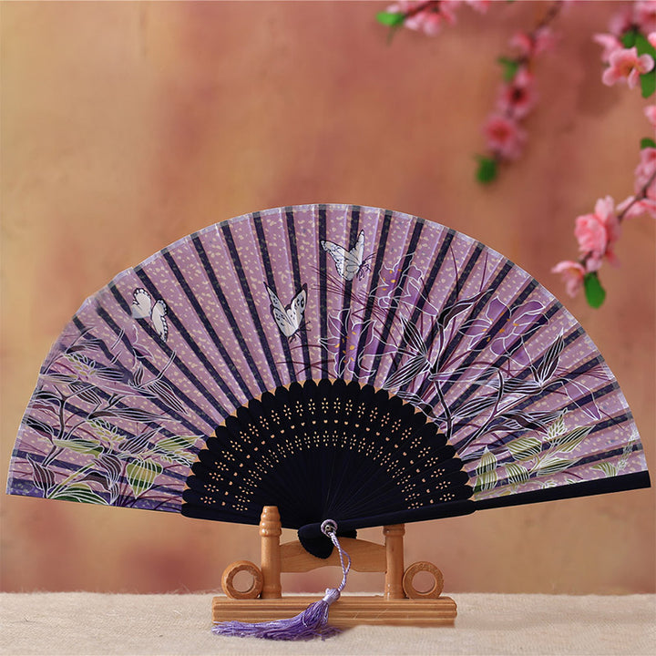 Buddha Stones Cherry Blossom Lily Butterfly Bamboo Handheld Bamboo Folding Fan 21cm - Purple Butterfly Lily 21cm - image 7