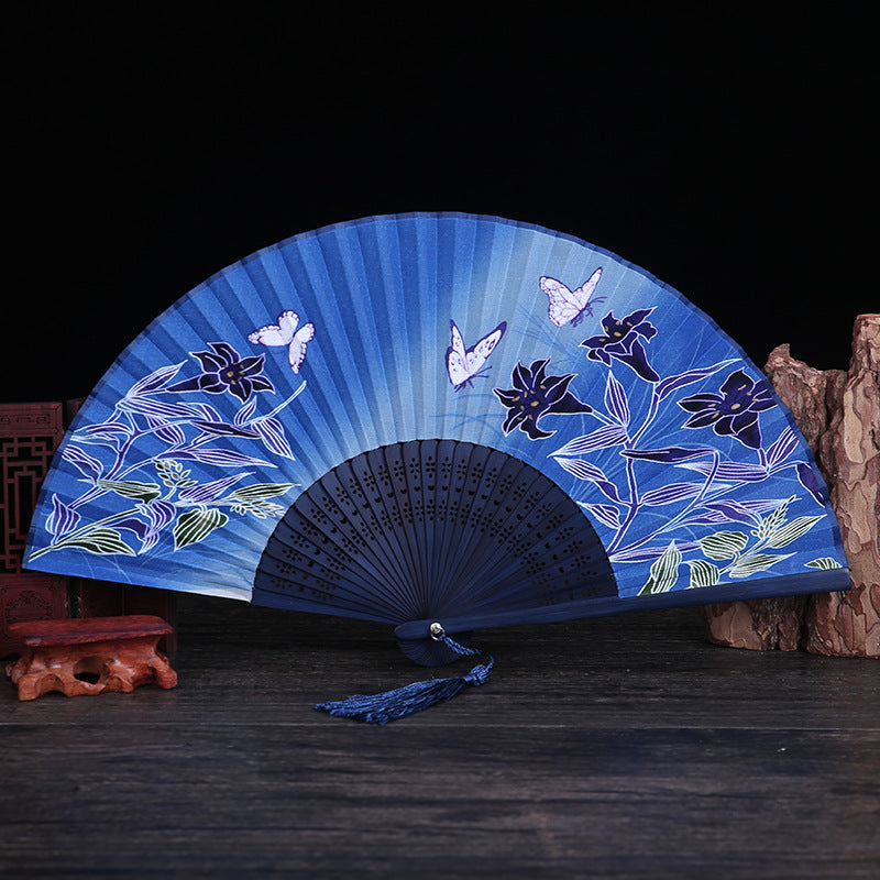 Buddha Stones Cherry Blossom Lily Butterfly Bamboo Handheld Bamboo Folding Fan 21cm - Dark Blue Butterfly Lily 21cm - image 8