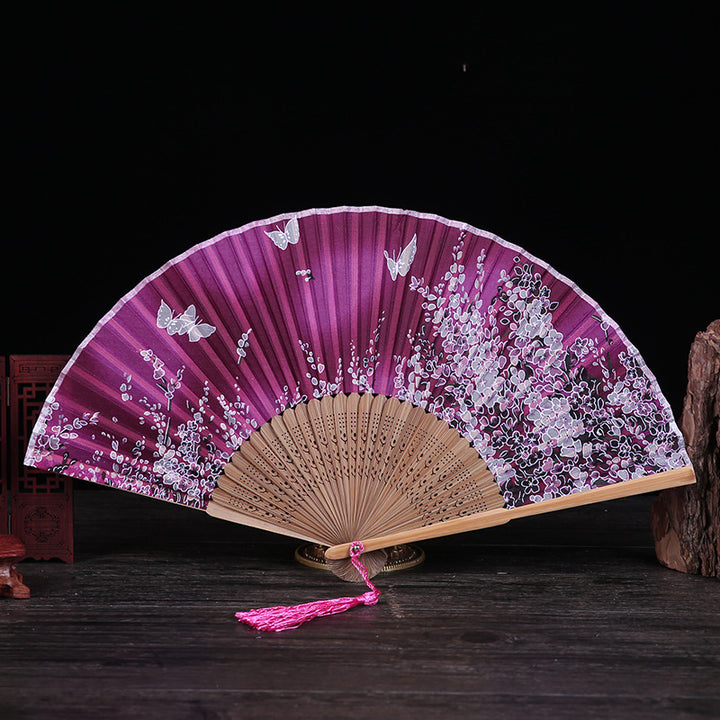 Buddha Stones Cherry Blossom Lily Butterfly Bamboo Handheld Bamboo Folding Fan 21cm - Rose Red Butterfly Cherry Blossom 21cm - image 10