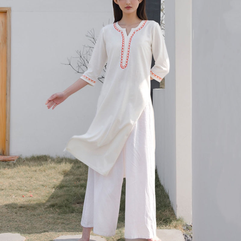 Buddha Stones 2Pcs V-neck Embroidery Yoga Clothing Zen Meditation Cotton Linen Top Pants Women's Set - White(Top&Pants) - US12,UK/AU16,EU44 (2XL)  - image 0