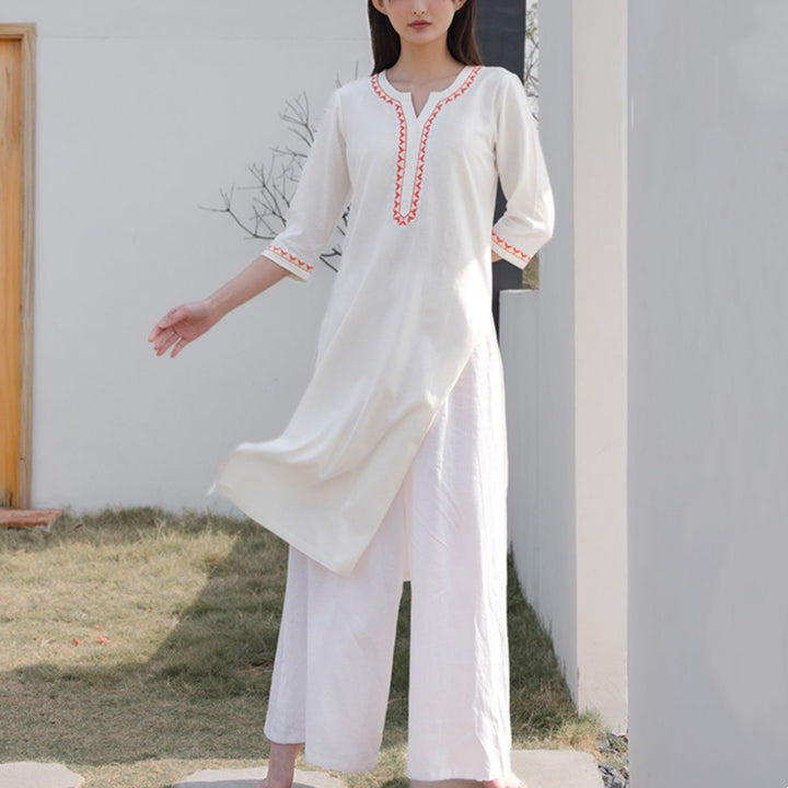 Buddha Stones 2Pcs V-neck Embroidery Yoga Clothing Zen Meditation Cotton Linen Top Pants Women's Set - White(Top&Pants) - US12,UK/AU16,EU44 (2XL)  - image 0