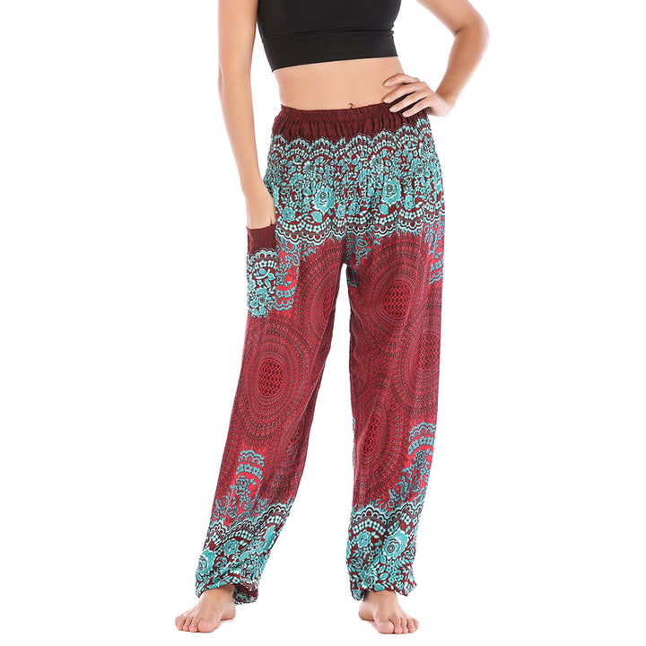 Buddha Stones Round Geometric Pattern Loose Casual Harem Trousers High Waist Women's Yoga Pants - Red Green-US2-8/10,UK/AU6-12/14,EU34-40/42 (F) - image 0