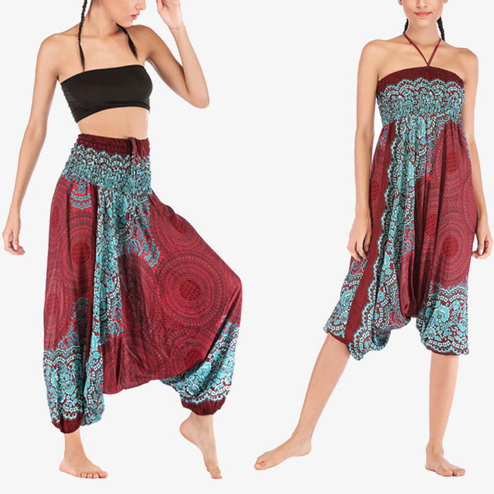 Buddha Stones Two Style Wear Round Geometric Pattern Loose Smocked Harem Trousers Jumpsuit High Waist Women's Yoga Pants - Red Green-US2-12,UK/AU6-16,EU34-44 (F) - image 0