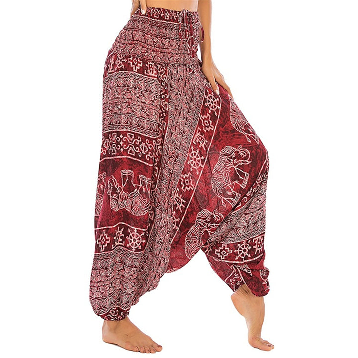 Buddha Stones Two Style Wear Elephant Pattern Loose Smocked Harem Trousers Jumpsuit Women's Yoga Pants - Red Elephant - US2-12,UK/AU6-16,EU34-44 (F) - image 0