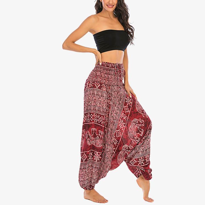 Buddha Stones Two Style Wear Elephant Pattern Loose Smocked Harem Trousers Jumpsuit Women's Yoga Pants - image 2