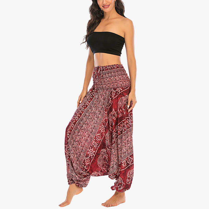 Buddha Stones Two Style Wear Elephant Pattern Loose Smocked Harem Trousers Jumpsuit Women's Yoga Pants - image 3