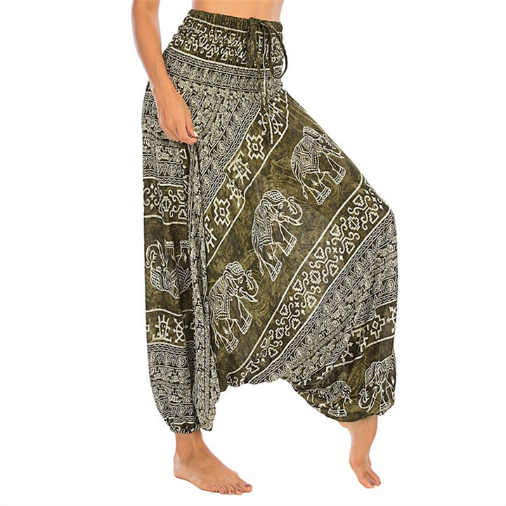 Buddha Stones Two Style Wear Elephant Pattern Loose Smocked Harem Trousers Jumpsuit Women's Yoga Pants - Green Elephant - US2-12,UK/AU6-16,EU34-44 (F) - image 9