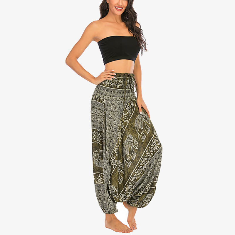 Buddha Stones Two Style Wear Elephant Pattern Loose Smocked Harem Trousers Jumpsuit Women's Yoga Pants - image 14