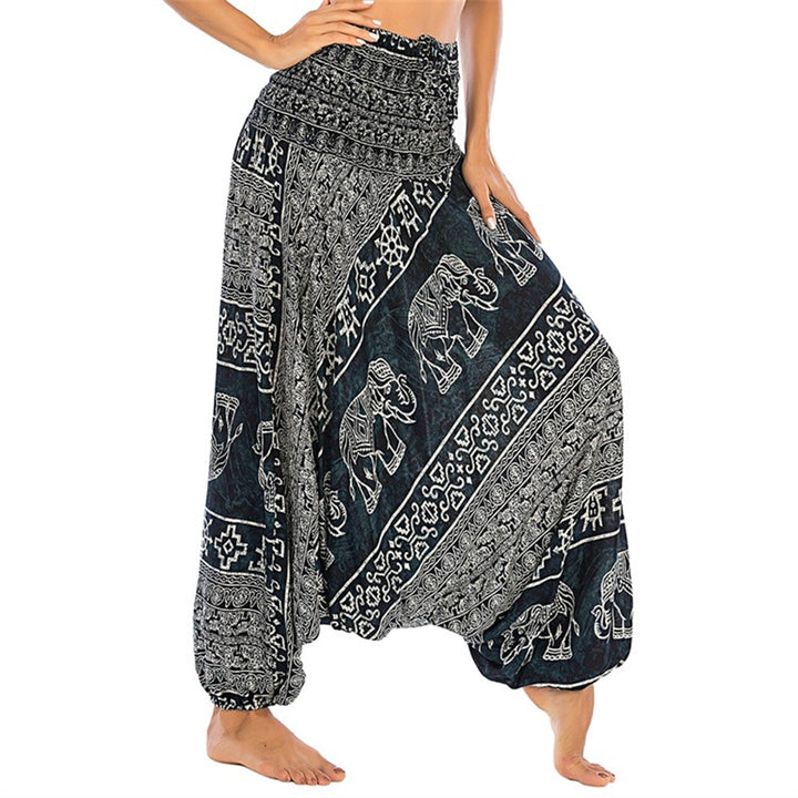 Buddha Stones Two Style Wear Elephant Pattern Loose Smocked Harem Trousers Jumpsuit Women's Yoga Pants - Black Elephant - US2-12,UK/AU6-16,EU34-44 (F) - image 21