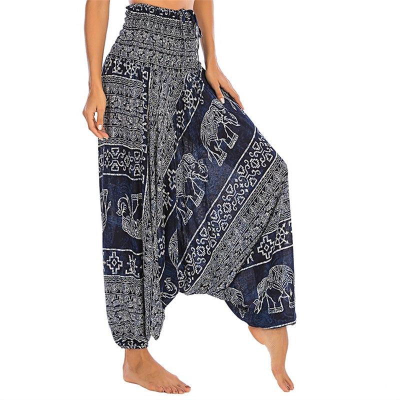Buddha Stones Two Style Wear Elephant Pattern Loose Smocked Harem Trousers Jumpsuit Women's Yoga Pants - Blue Elephant - US2-12,UK/AU6-16,EU34-44 (F) - image 31