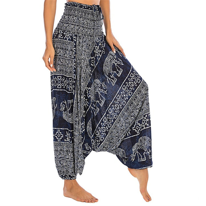 Buddha Stones Two Style Wear Elephant Pattern Loose Smocked Harem Trousers Jumpsuit Women's Yoga Pants - Blue Elephant - US2-12,UK/AU6-16,EU34-44 (F) - image 31