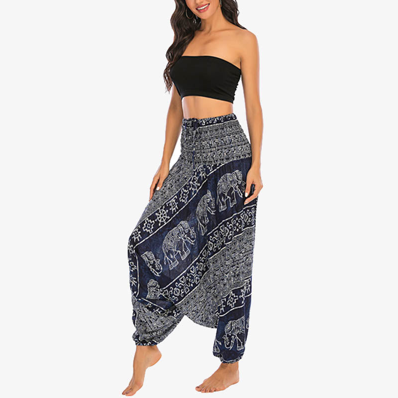 Buddha Stones Two Style Wear Elephant Pattern Loose Smocked Harem Trousers Jumpsuit Women's Yoga Pants - image 37