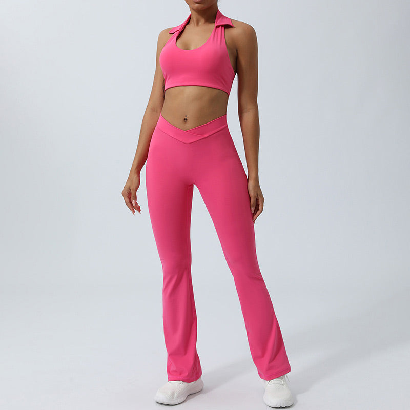 Buddha Stones 2Pcs Workout Sleeveless Backless Top Shorts Flared Pants Sports Fitness Yoga Outfit Set - Pink - 2Pcs(Top&Pants) - US8-10,UK/AU12-14,EU40-42 (XL)  - image 22