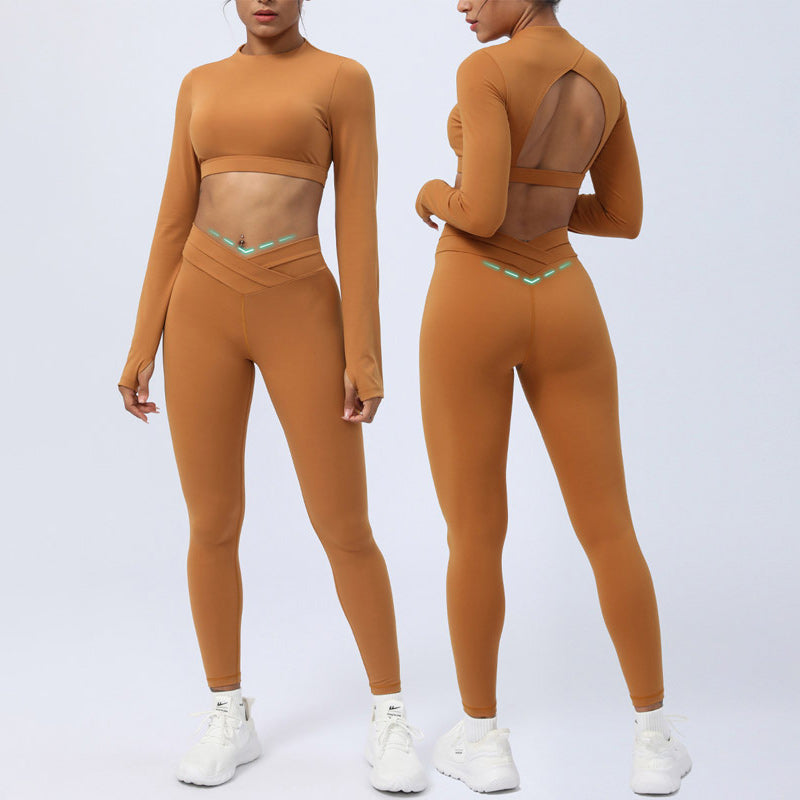 Buddha Stones 2Pcs Long Sleeve Backless Top Bra Leggings Pants Fitness Yoga Outfit Set - Brown - US4,UK/AU8,EU36 (XL) - image 0