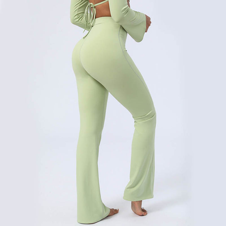 Buddha Stones Long Sleeve Backless Strap Top Bra Flare Pants Fitness Yoga Outfit - Green - Pants - US8-10,UK/AU12-14,EU40-42 (XL)  - image 0