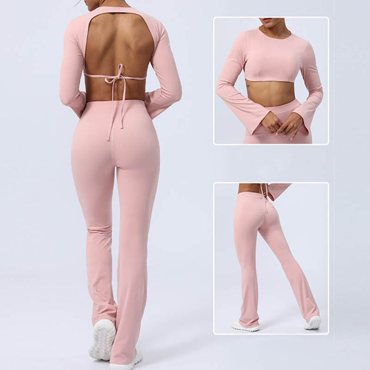 Buddha Stones Long Sleeve Backless Strap Top Bra Flare Pants Fitness Yoga Outfit - image 42