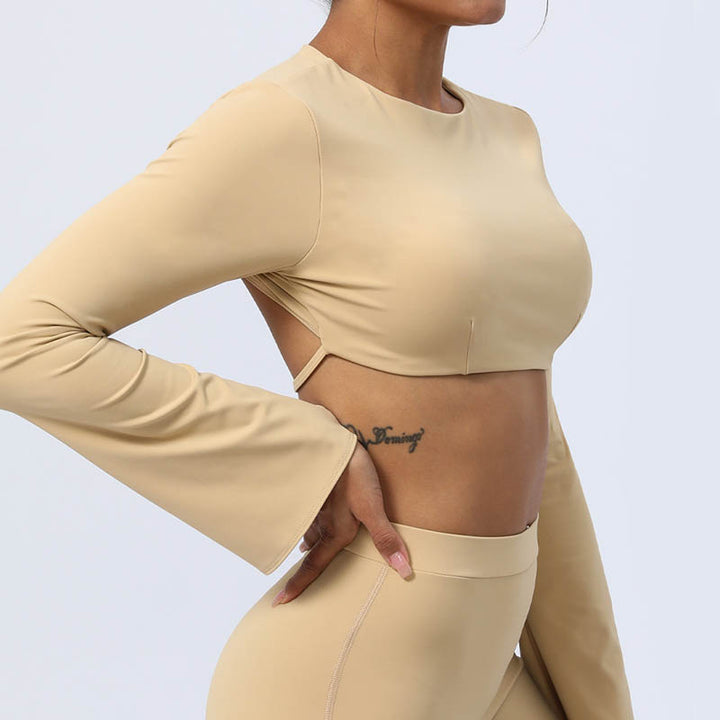 Buddha Stones Long Sleeve Backless Strap Top Bra Flare Pants Fitness Yoga Outfit - image 23