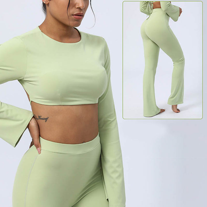 Buddha Stones Long Sleeve Backless Strap Top Bra Flare Pants Fitness Yoga Outfit - image 11