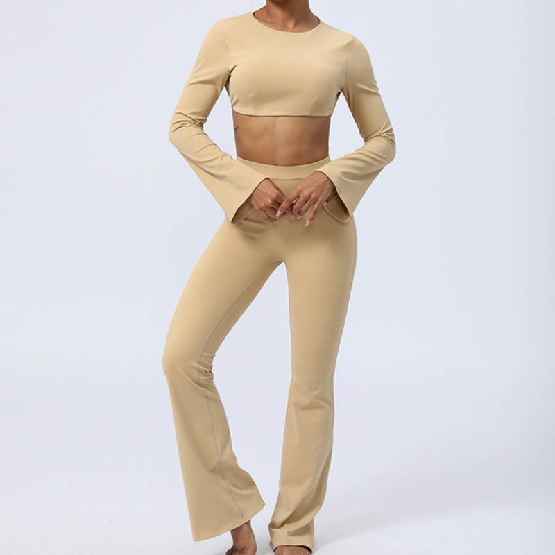 Buddha Stones Long Sleeve Backless Strap Top Bra Flare Pants Fitness Yoga Outfit - image 27