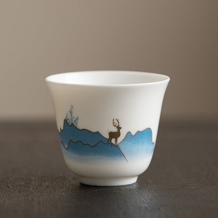 Buddha Stones Lotus Flower Leaf Mountain Pavilion Elk Peony Ceramic Teacup Kung Fu Tea Cup - 4.8cm*5.7cm*55ml - Elk - image 13