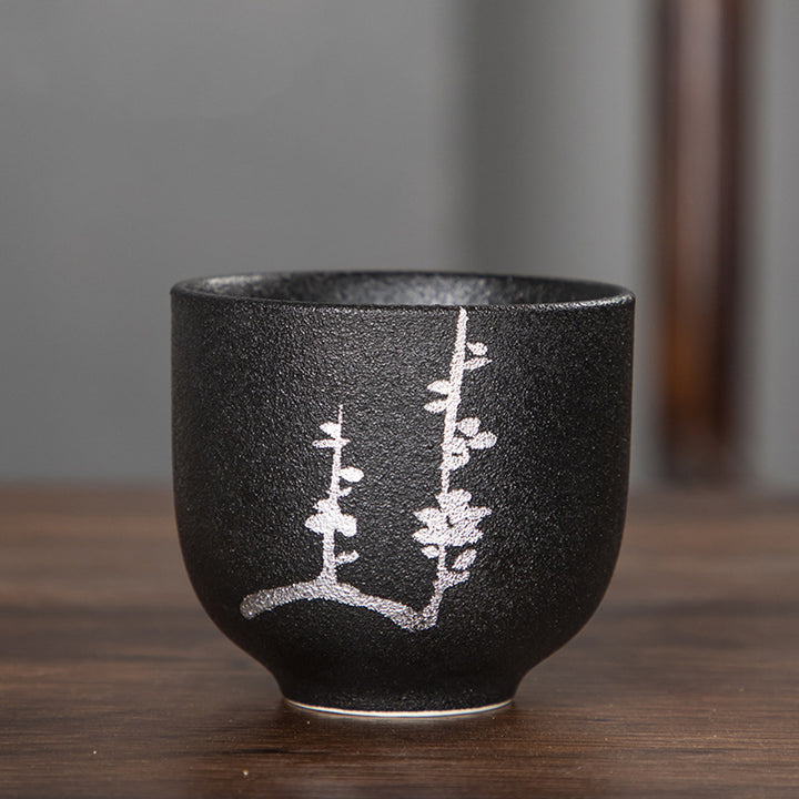 Buddha Stones Hand Painted Lotus Flower Bamboo Chrysanthemum Black Pottery Ceramic Teacup Kung Fu Tea Cup 95ml - Flower Branches 6.3cm*5.7cm*95ml - image 6