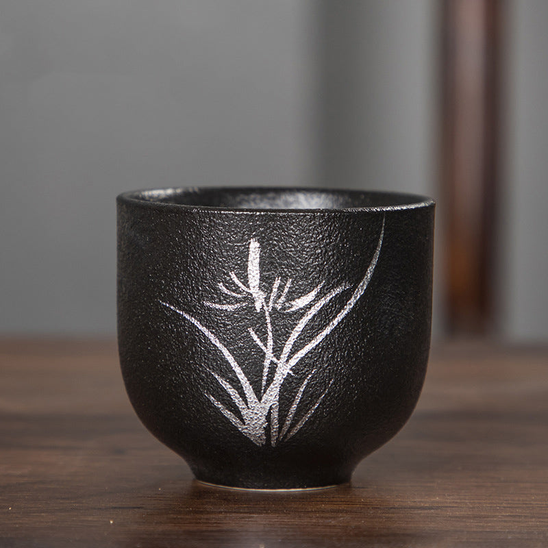 Buddha Stones Hand Painted Lotus Flower Bamboo Chrysanthemum Black Pottery Ceramic Teacup Kung Fu Tea Cup 95ml - Orchid 6.3cm*5.7cm*95ml - image 9