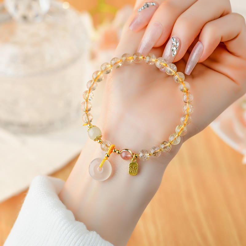 Buddha Stones Natural Golden Rutilated Quartz Fu Character Peace Buckle Charm Wealth Bracelet - Rutilated Quartz(Auspiciousness♥Courage)(Wrist Circumference 14-16cm) - image 0