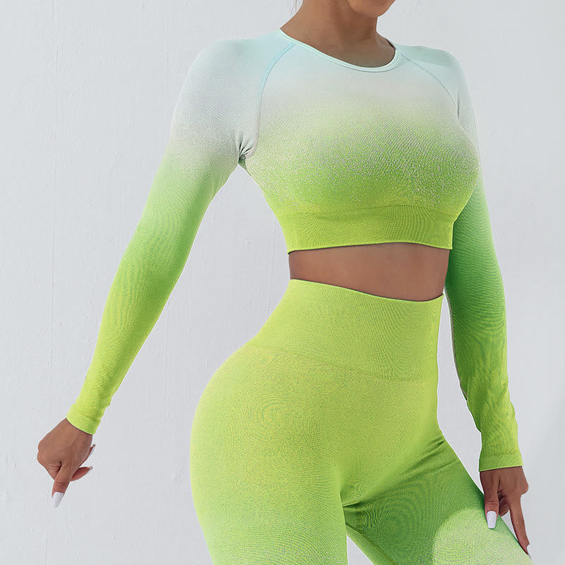 Buddha Stones Gradient Long Sleeve Crop Top Tee Bra Leggings Pants Fitness Yoga Outfit - Top - Green - US4,UK/AU8,EU36 (L) - image 11