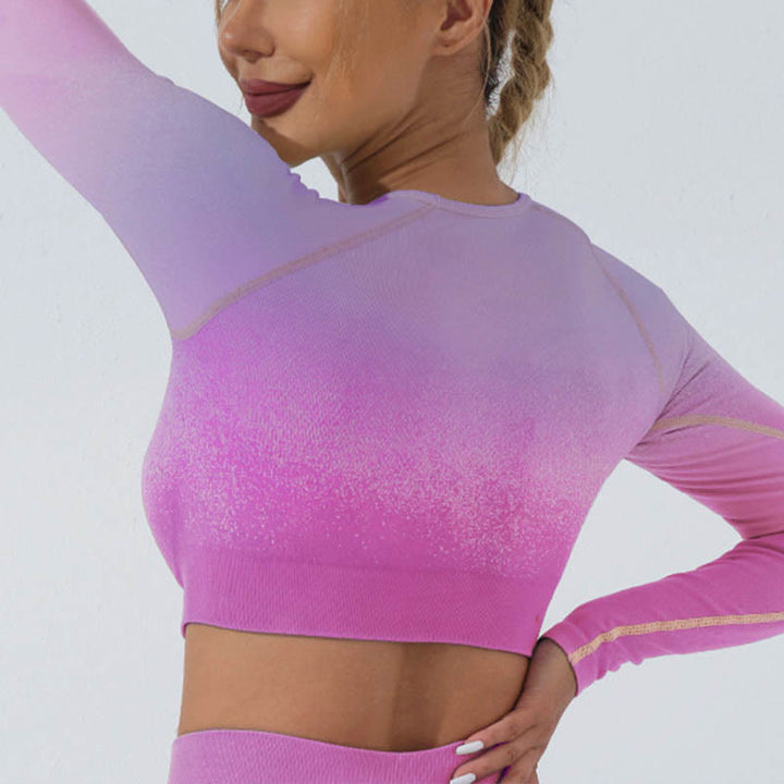 Buddha Stones Gradient Long Sleeve Crop Top Tee Bra Leggings Pants Fitness Yoga Outfit - Top - Purple Pink - US4,UK/AU8,EU36 (L) - image 10