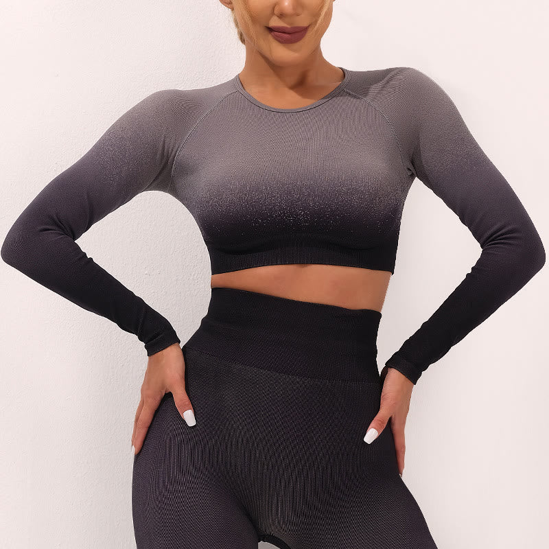 Buddha Stones Gradient Long Sleeve Crop Top Tee Bra Leggings Pants Fitness Yoga Outfit - Top - Black Gray - US4,UK/AU8,EU36 (L) - image 3
