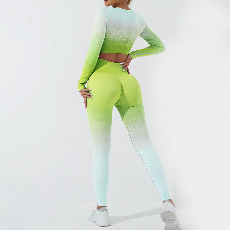 Buddha Stones Gradient Long Sleeve Crop Top Tee Bra Leggings Pants Fitness Yoga Outfit - image 39