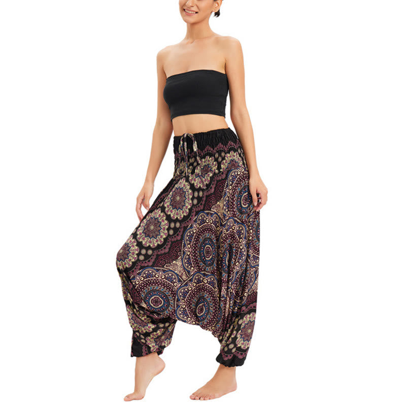 Buddha Stones Two Style Wear Mandala Flower Pattern Loose Smocked Harem Trousers Jumpsuit High Waist Pants - Brown Gold - US2-12,UK/AU6-16,EU34-44 (F) - image 6